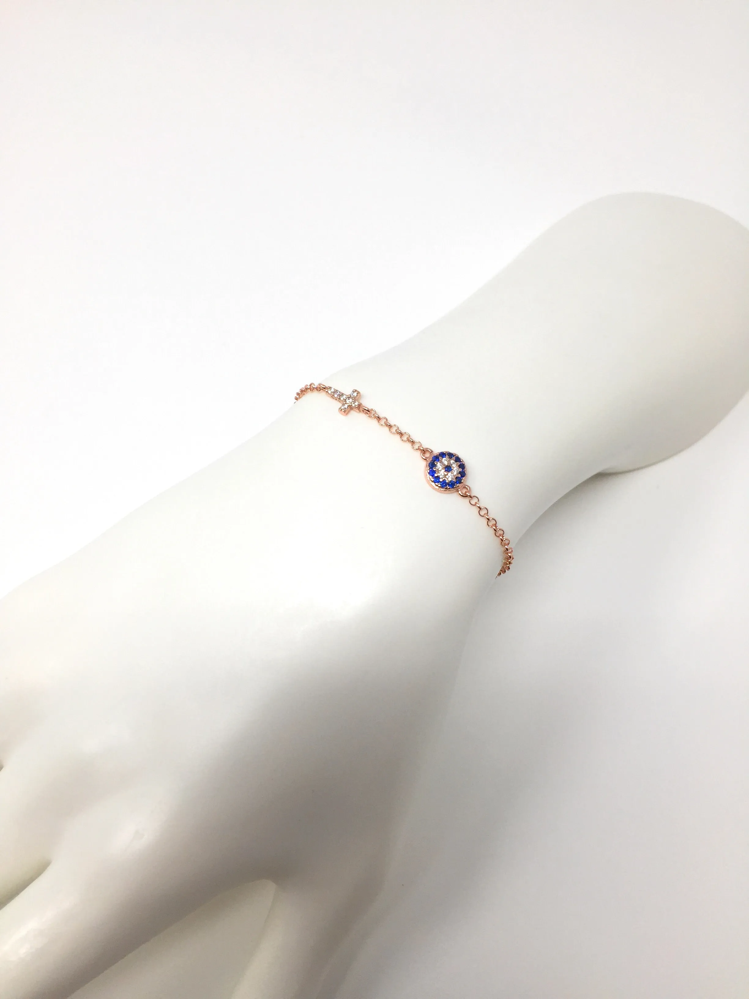 Evil Eye and Cross Bracelet Sterling Silver Evil Eye Bracelet with Cubic Zirconia Stones