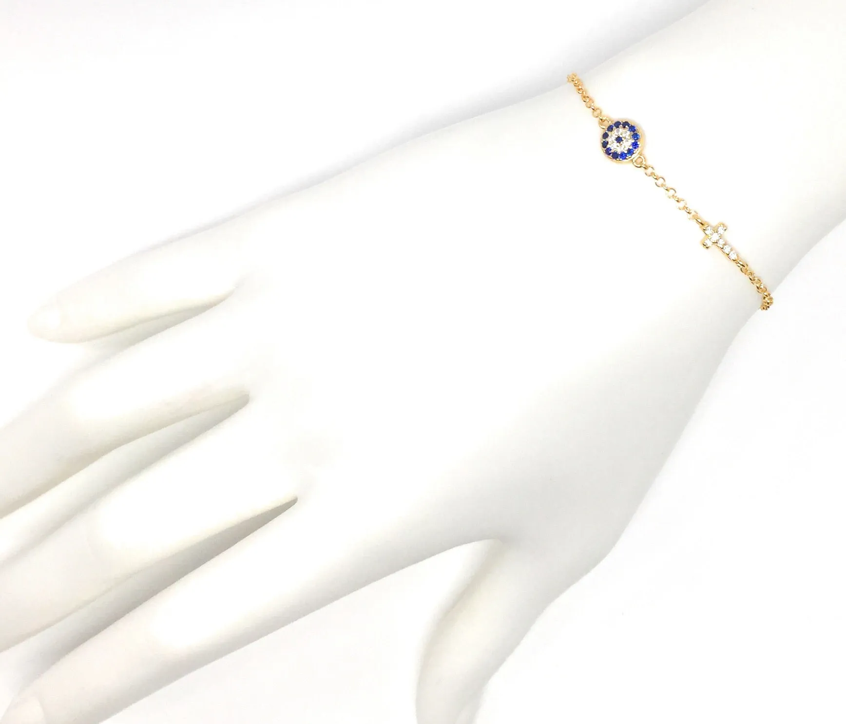 Evil Eye and Cross Bracelet Sterling Silver Evil Eye Bracelet with Cubic Zirconia Stones