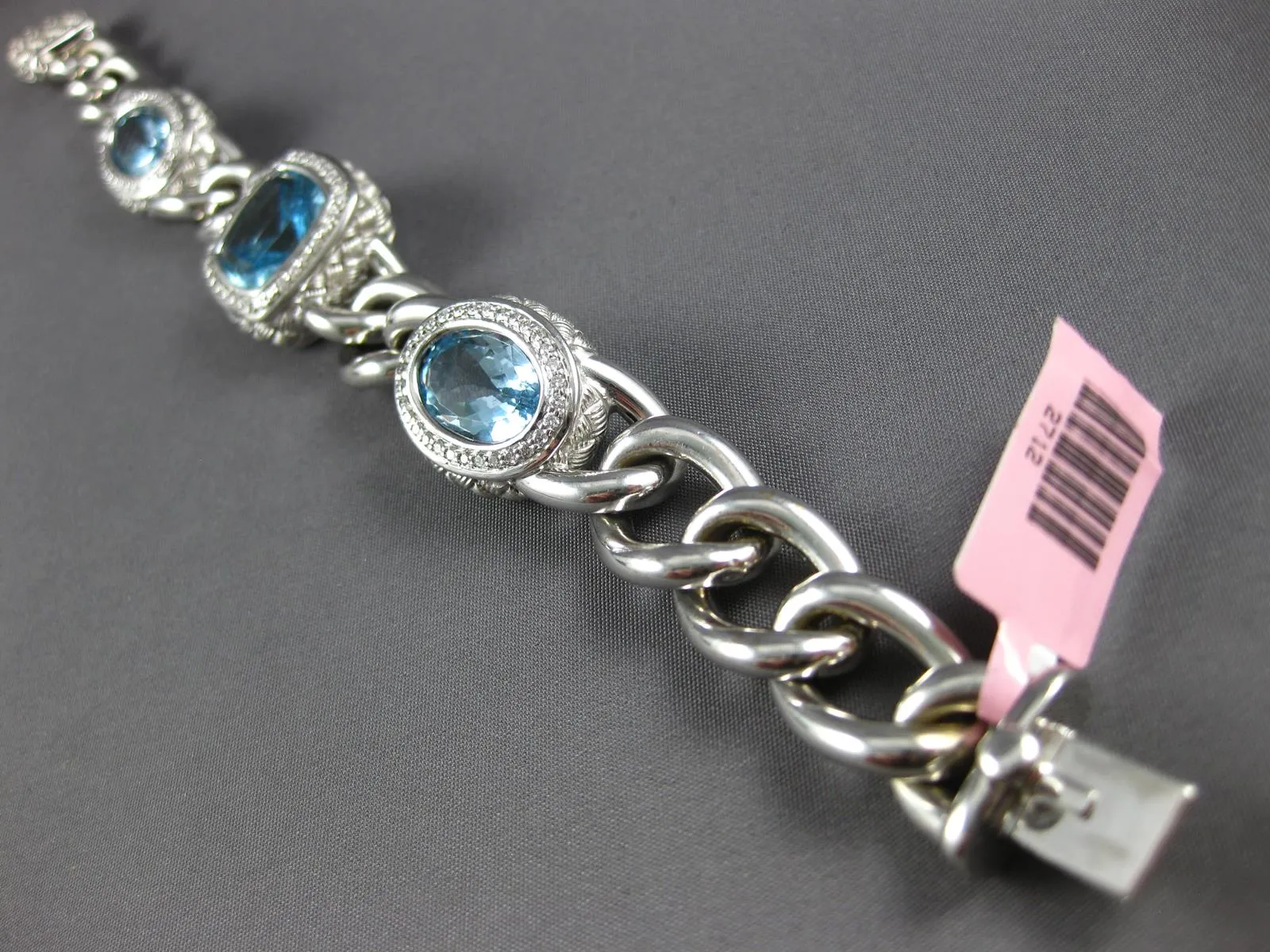 EXTRA LARGE & LONG 46.0CT DIAMOND & BLUE TOPAZ 14KT WHITE GOLD ITALIAN BRACELET