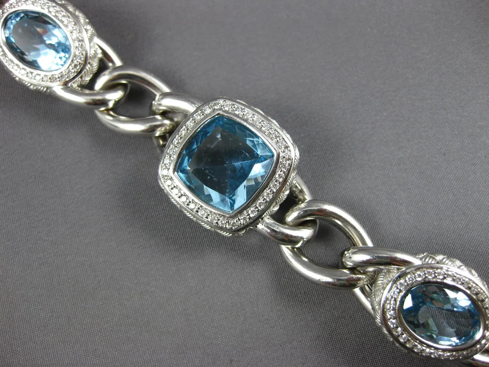 EXTRA LARGE & LONG 46.0CT DIAMOND & BLUE TOPAZ 14KT WHITE GOLD ITALIAN BRACELET