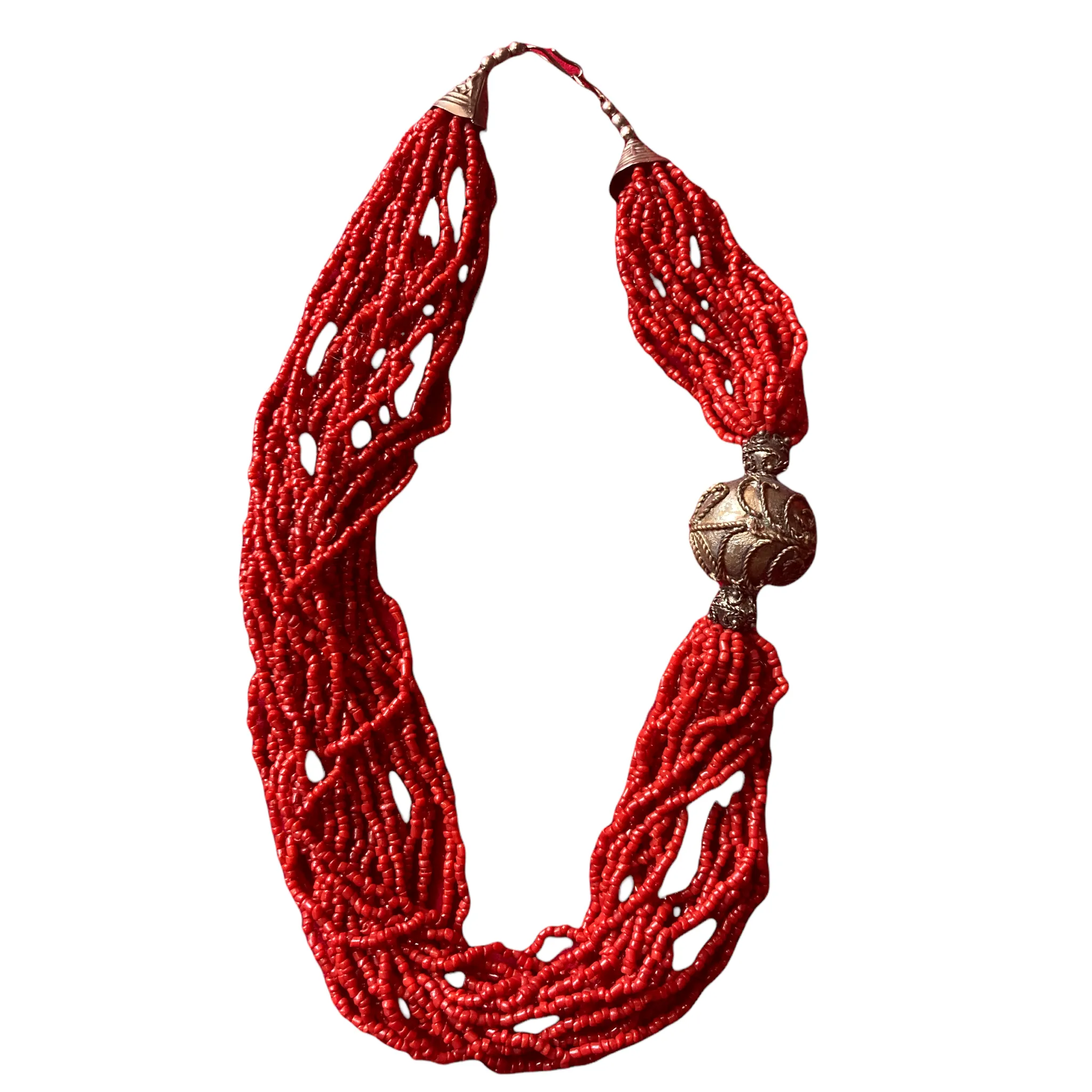 Faux Red Coral Seed Multi Strand Necklace