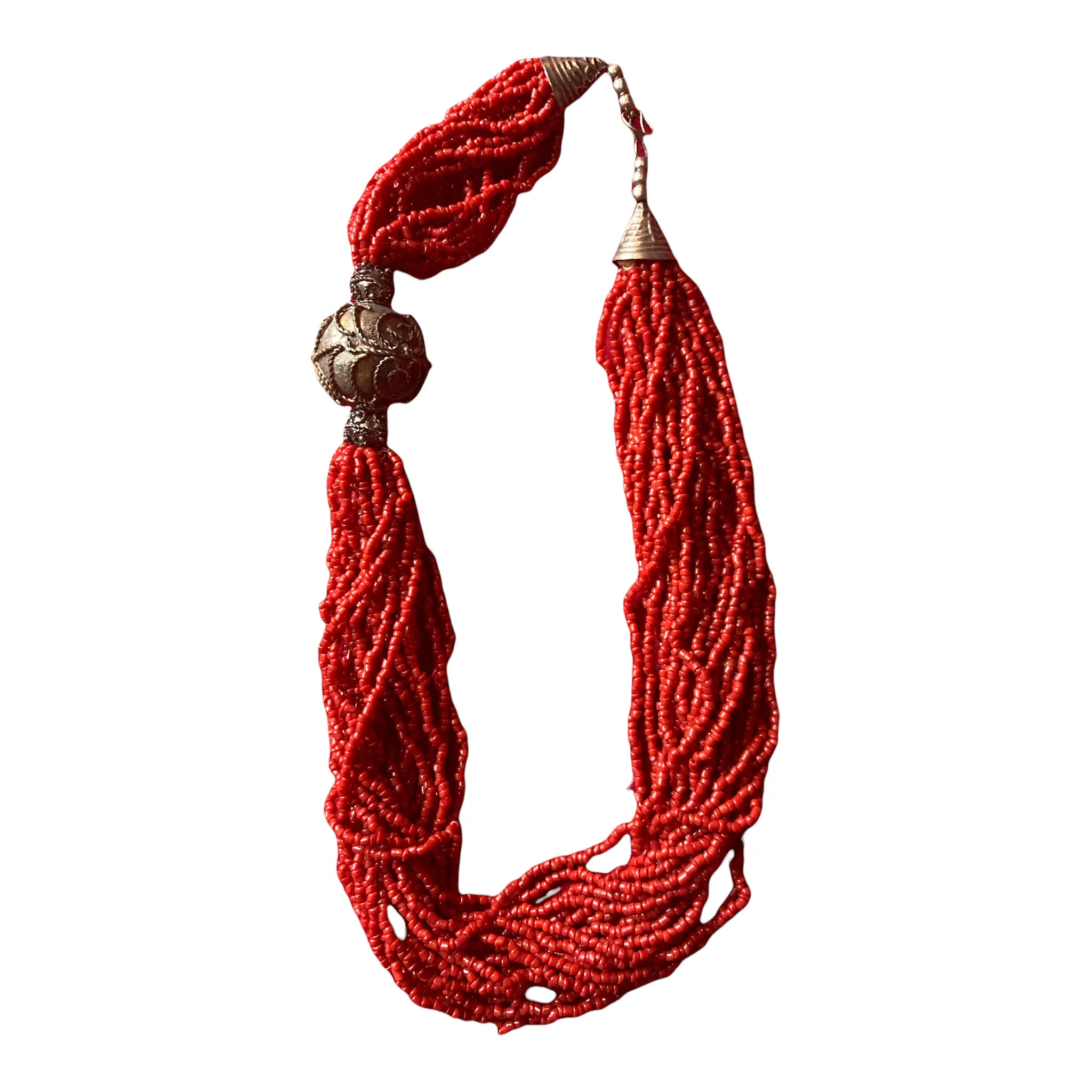 Faux Red Coral Seed Multi Strand Necklace