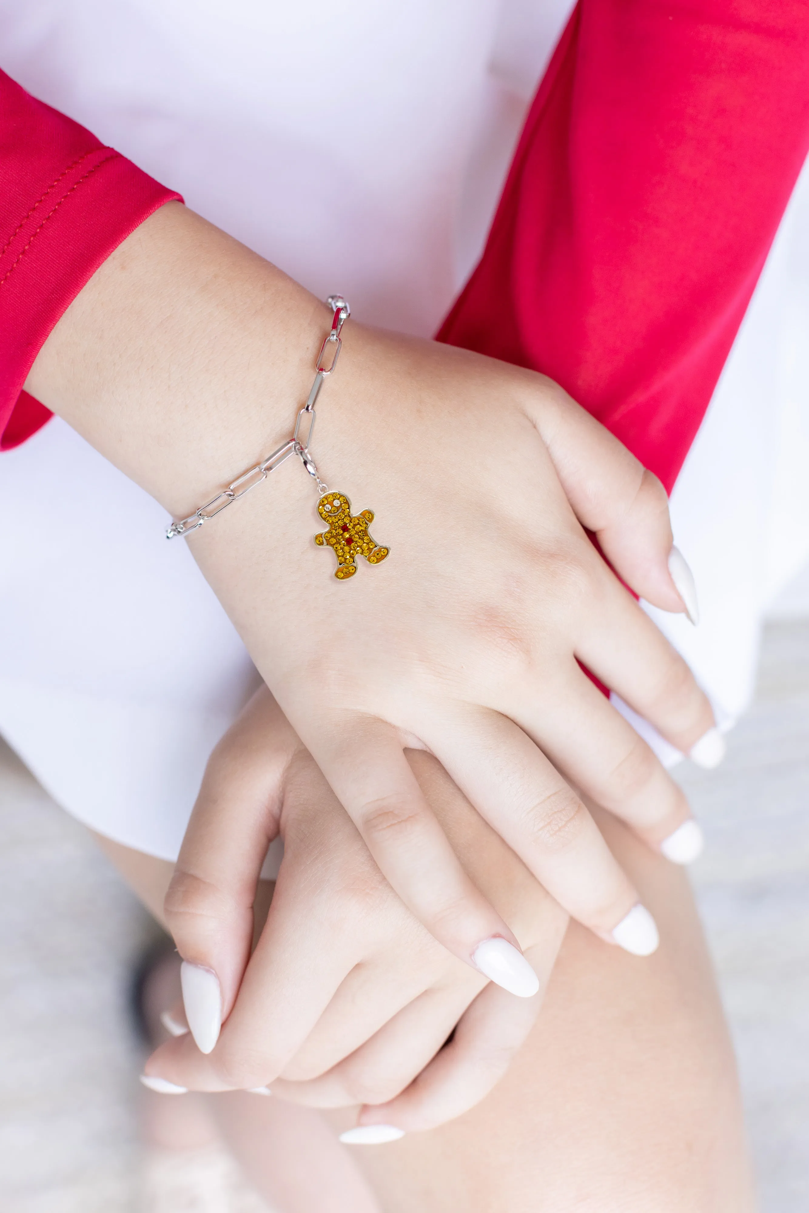 Gingerbread Man Crystal Sterling Silver Charm With Paperclip Bracelet