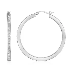 Glitter Textured Square Tube Hoop Earrings in Sterling Silver