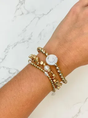 Gold & Pearl Beaded Stretch Bracelet Set