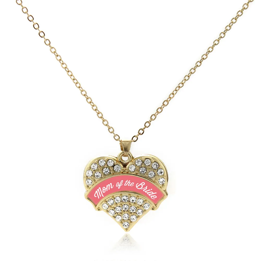 Gold Coral Mom of Bride Pave Heart Charm Classic Necklace