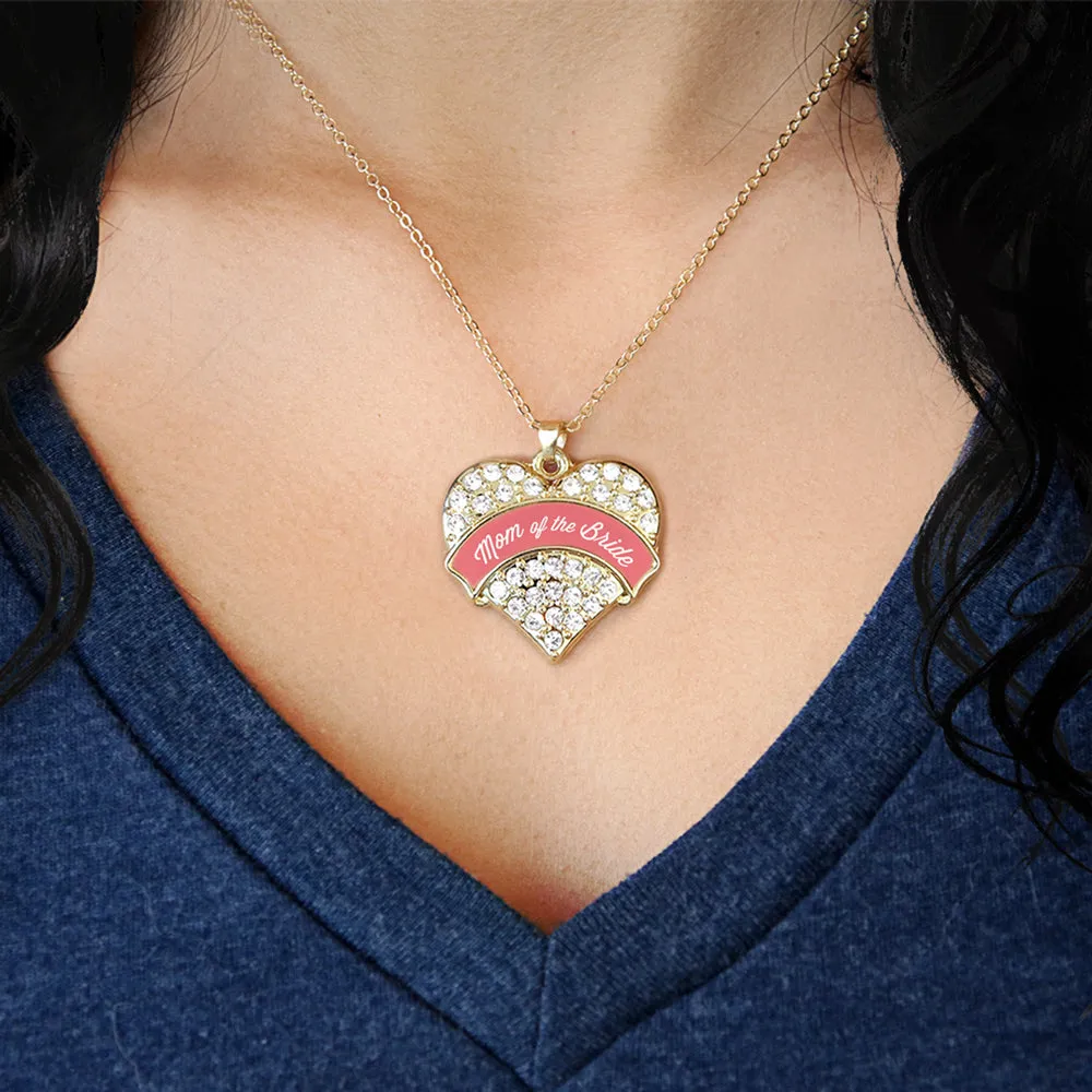 Gold Coral Mom of Bride Pave Heart Charm Classic Necklace