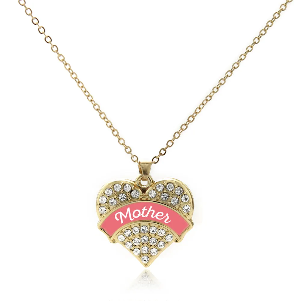 Gold Coral Mother Pave Heart Charm Classic Necklace