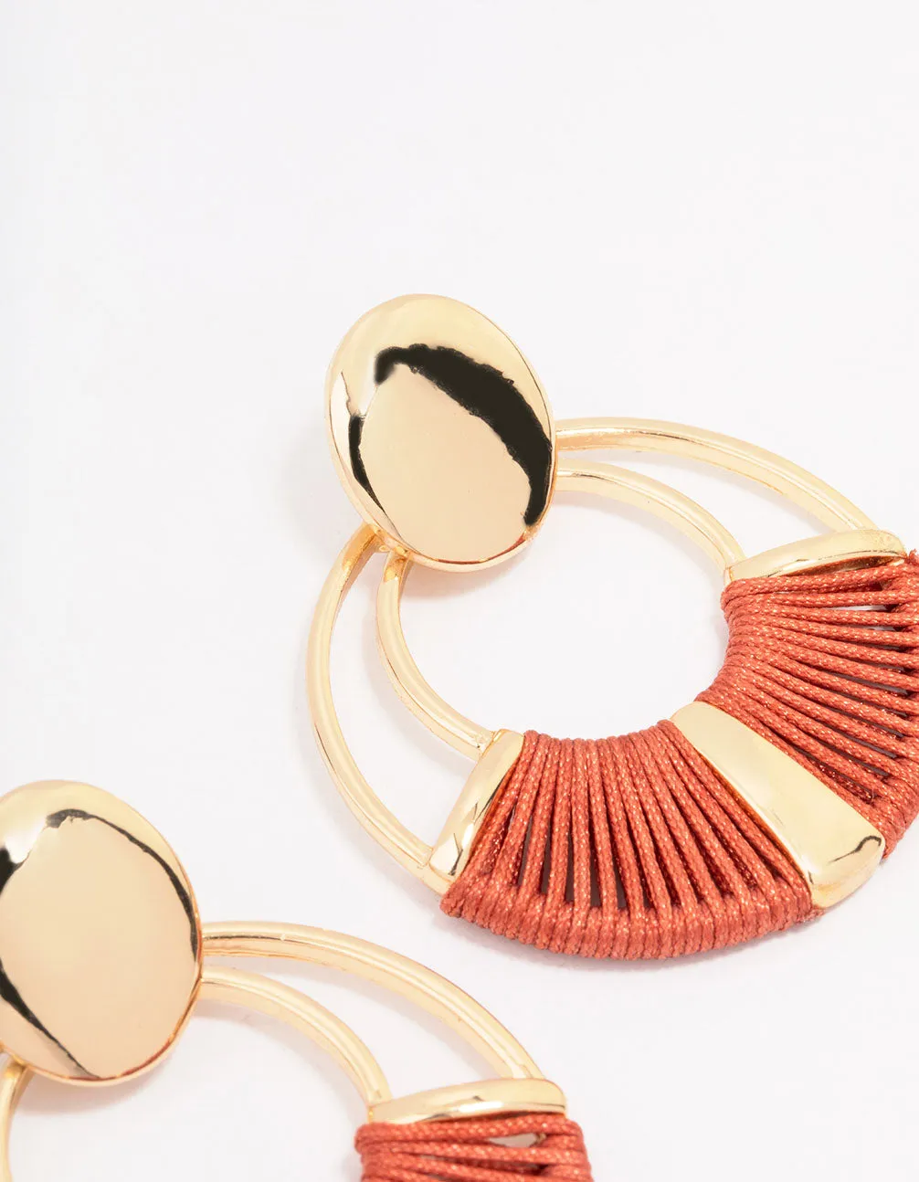 Gold Fabric Threaded Wrapped Circular Drop Earrings