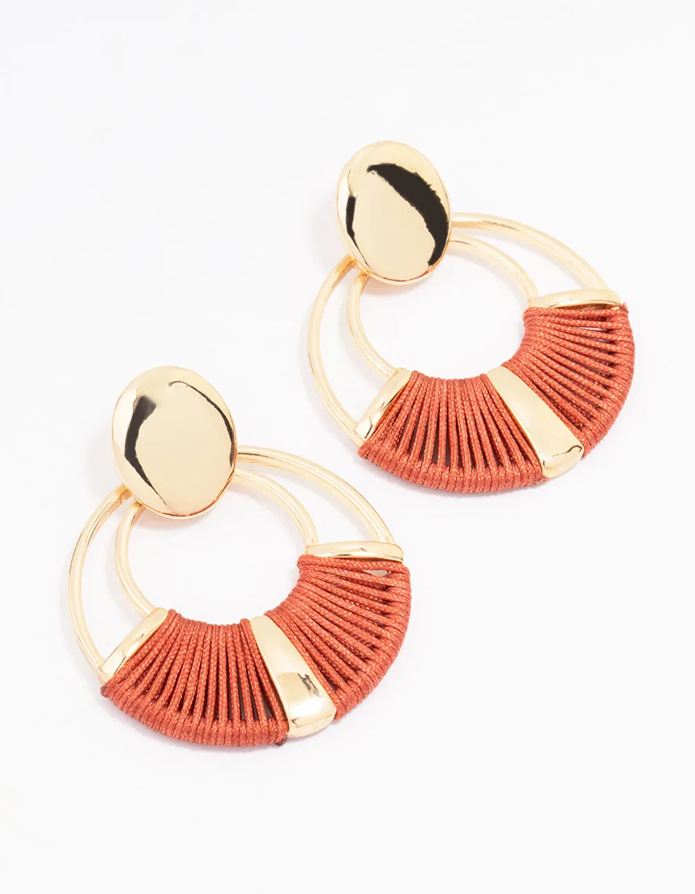 Gold Fabric Threaded Wrapped Circular Drop Earrings