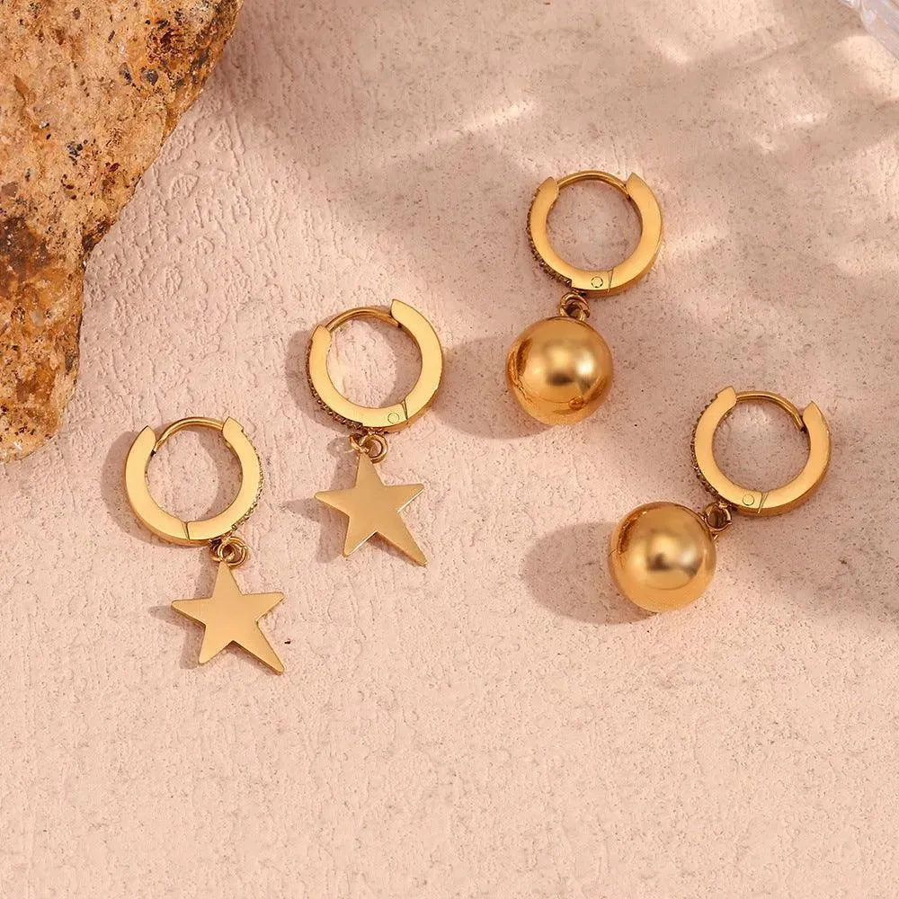 Gold-Plated Star and Sphere Drop Earrings-Hypoallergenic Fashion Earrings