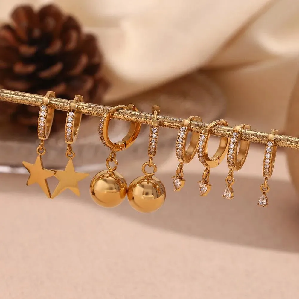 Gold-Plated Star and Sphere Drop Earrings-Hypoallergenic Fashion Earrings