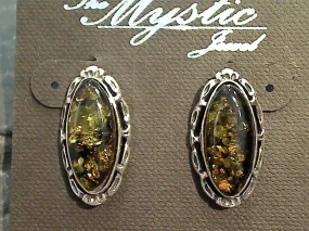 Green Amber, Sterling Silver Post Earrings