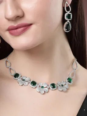 Green & Silver-Plated American Diamond Handcrafted Jewellery Set