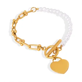 Half Chain Half Pearl Bracelet With Heart Charm