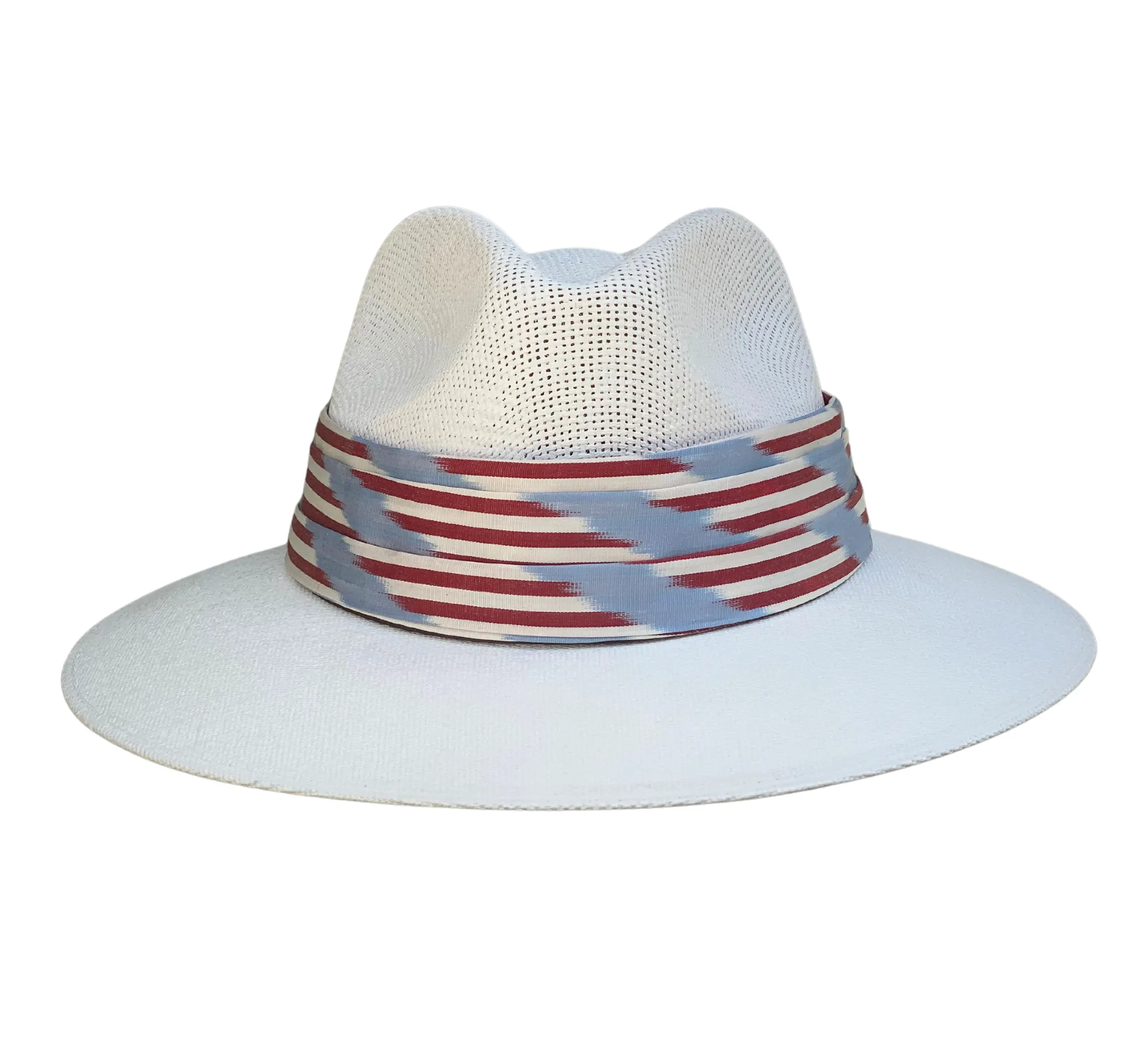 Hand-painted Hat from Mexico - Chi Chi Collection - White with Hyannis Silk Ikat Band / Tie