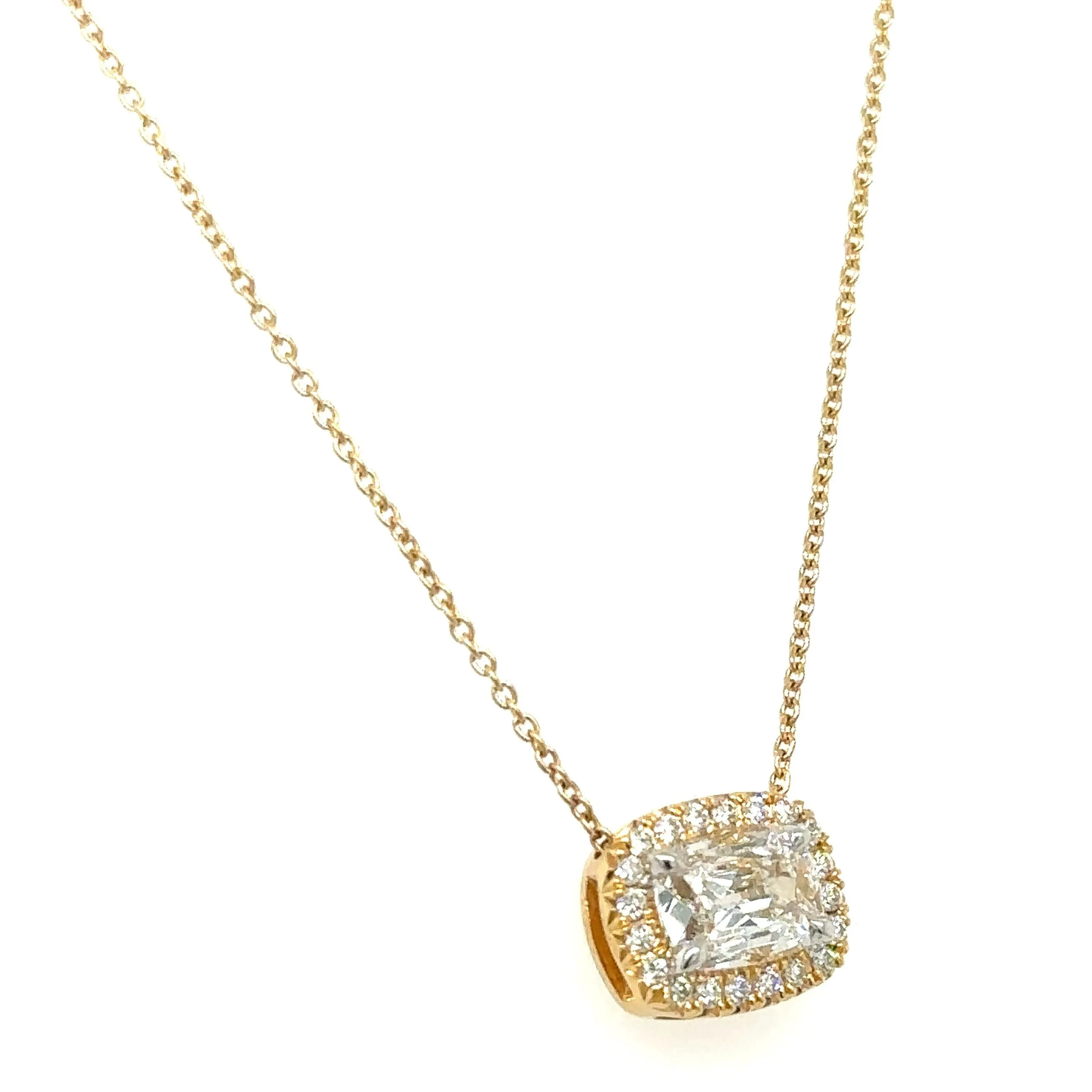 Henri Daussi Designer Signed 0.82ct t.w. Diamond Cushion Brilliant Cut Halo East - West Set Solitaire Pendant Necklace