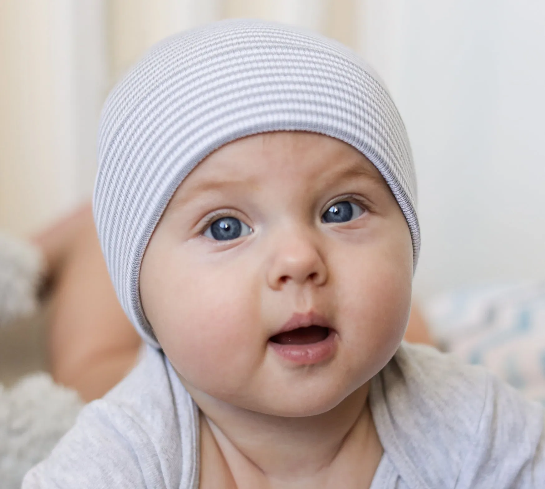 ilybean Personalized Gray & White Hospital Stripe Newborn Boy Hospital Hat and Nursery Beanie