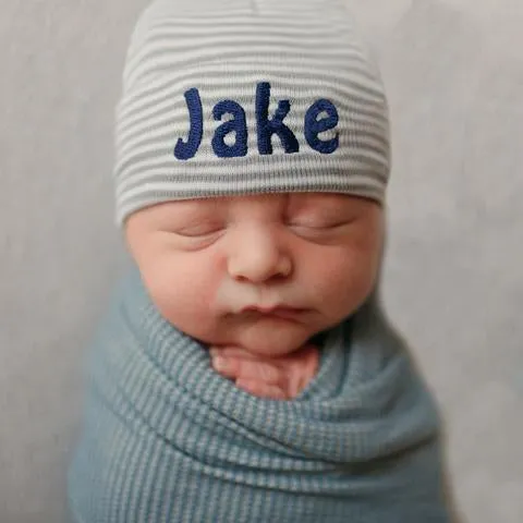 ilybean Personalized Gray & White Hospital Stripe Newborn Boy Hospital Hat and Nursery Beanie