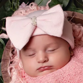 ilybean Pink or White Big Bow Newborn Girl Hospital Hat with Pearl Rhinestone Jewel at Center