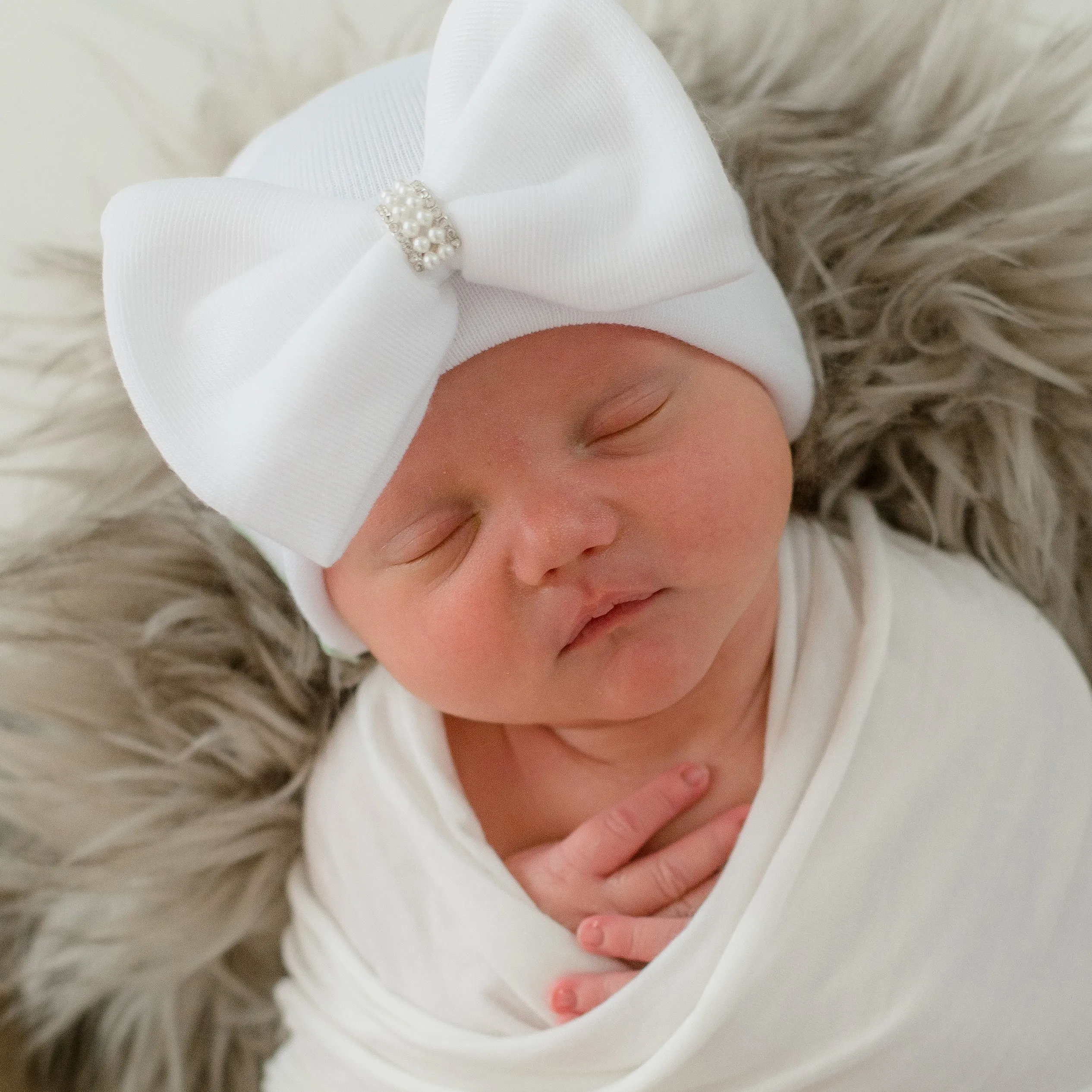 ilybean Pink or White Big Bow Newborn Girl Hospital Hat with Pearl Rhinestone Jewel at Center