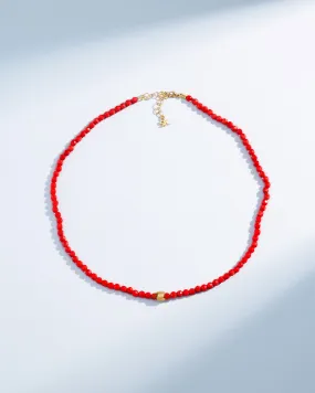 Infinite Beaded Round Red Coral & Mini Golden Rondelle Necklace