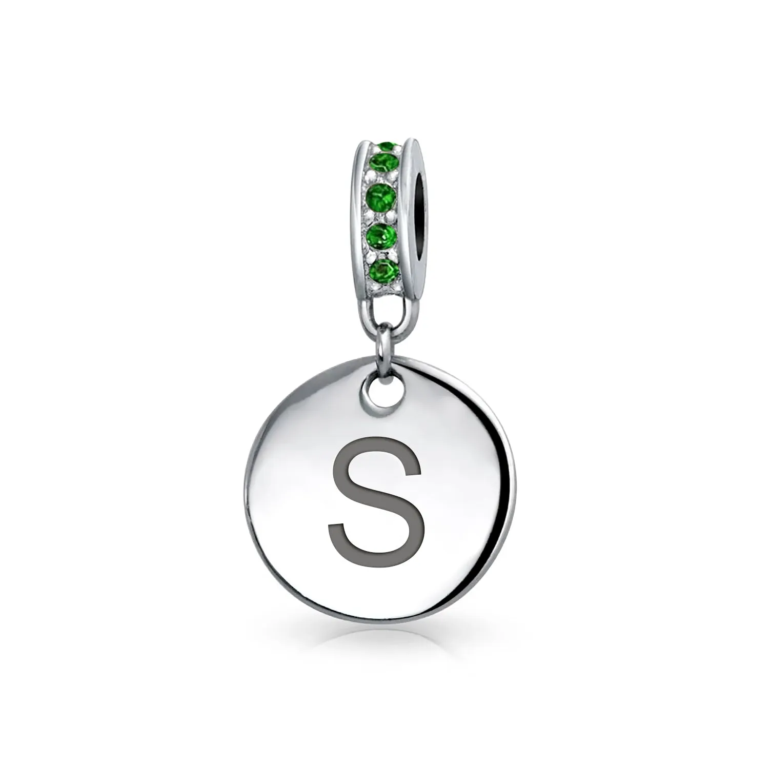 Initial Alphabet Bead Charm Green Crystal Sterling Silver Simulated Emerald Birthstone