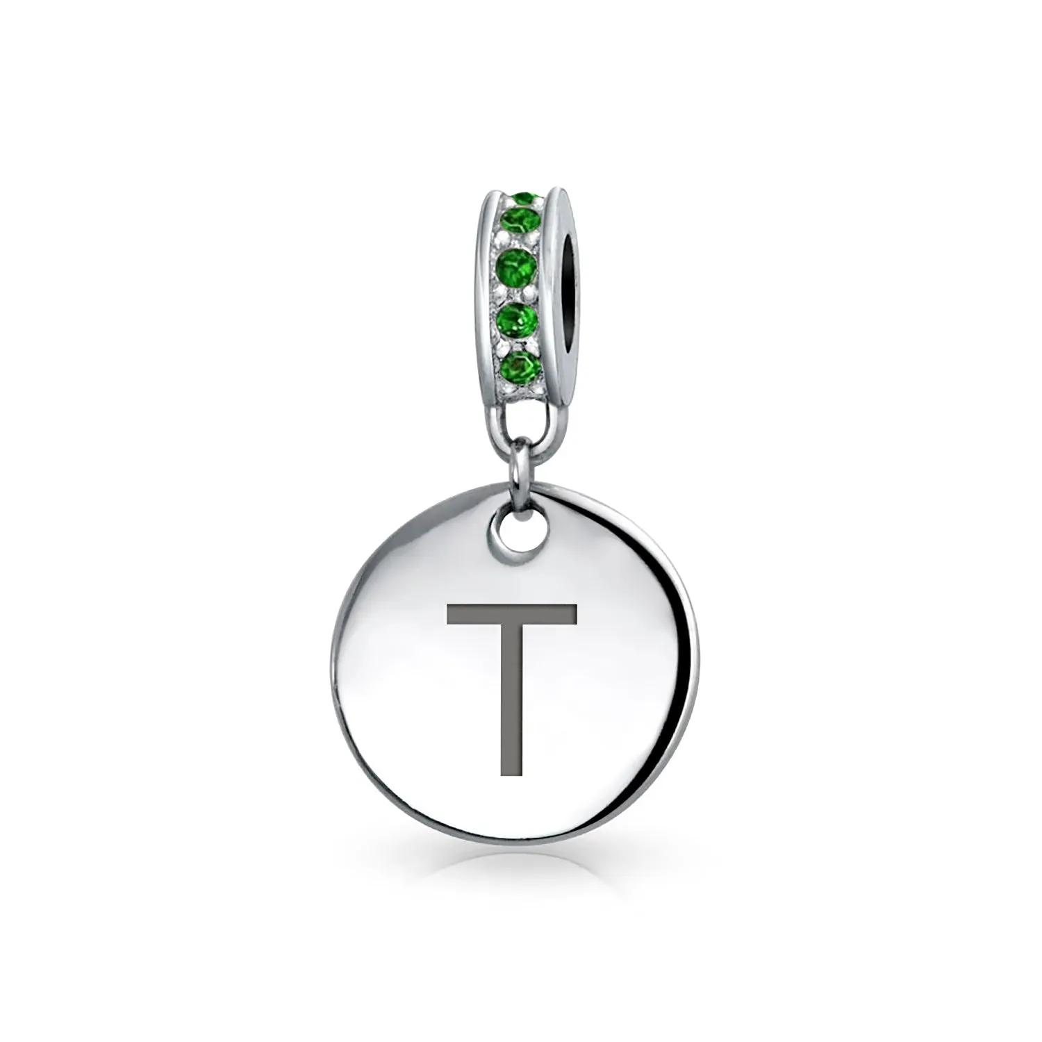 Initial Alphabet Bead Charm Green Crystal Sterling Silver Simulated Emerald Birthstone