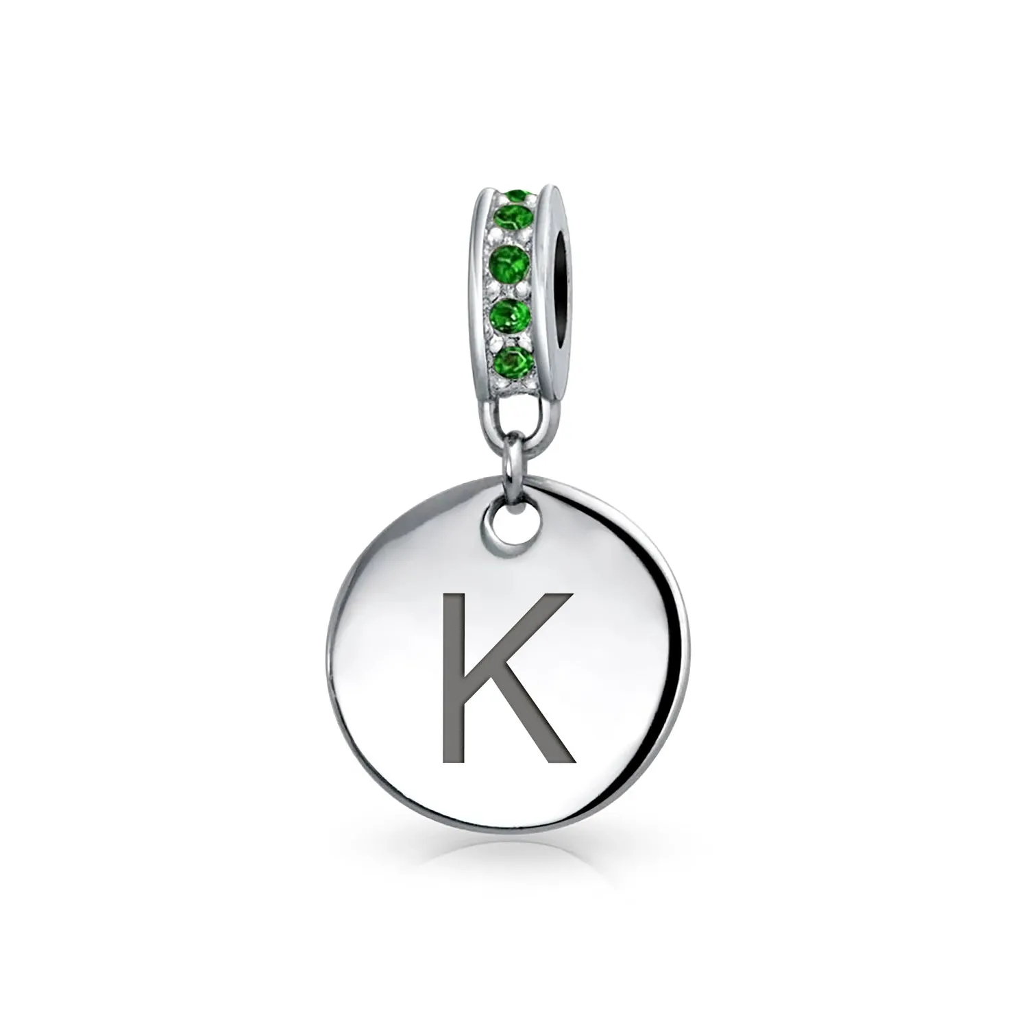 Initial Alphabet Bead Charm Green Crystal Sterling Silver Simulated Emerald Birthstone