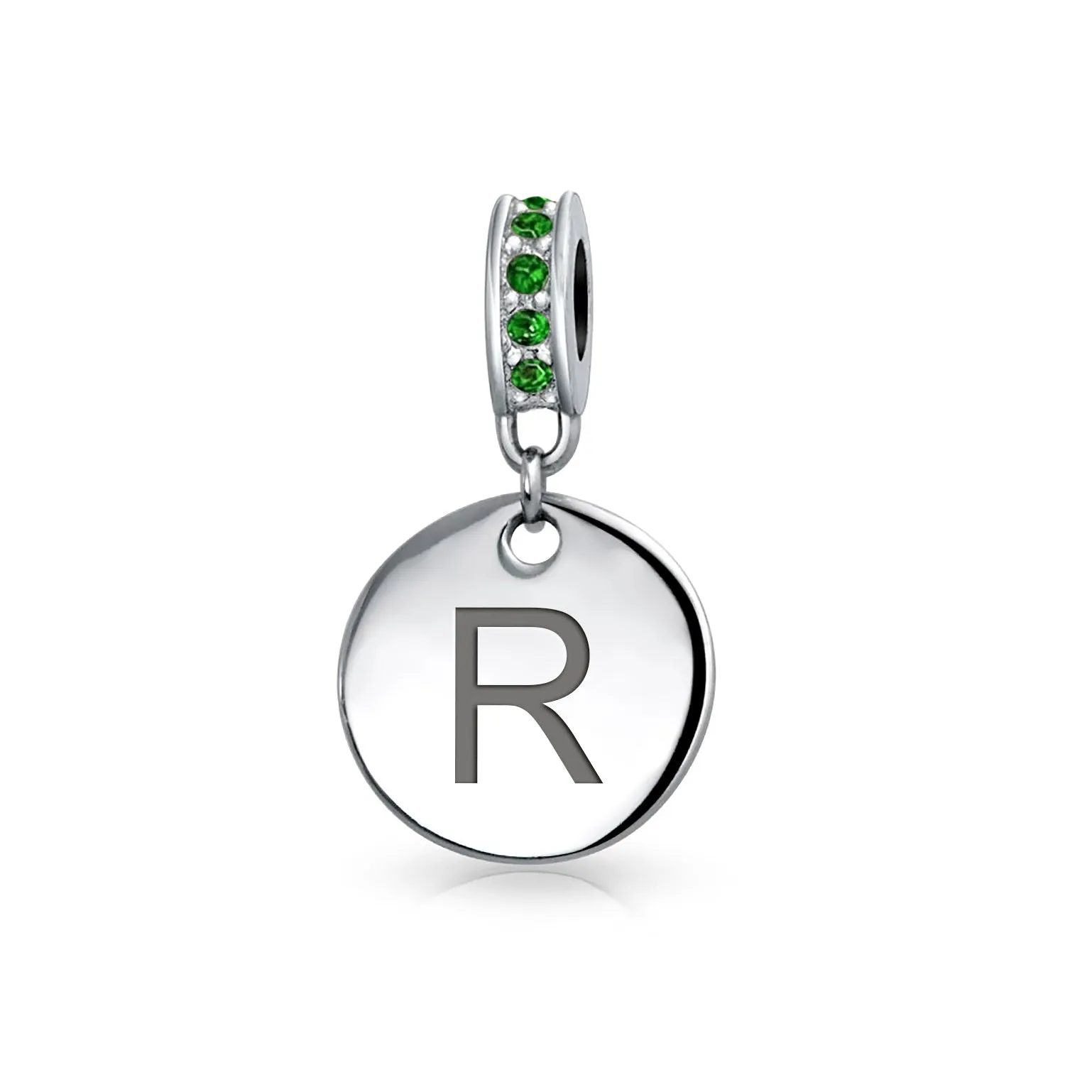 Initial Alphabet Bead Charm Green Crystal Sterling Silver Simulated Emerald Birthstone