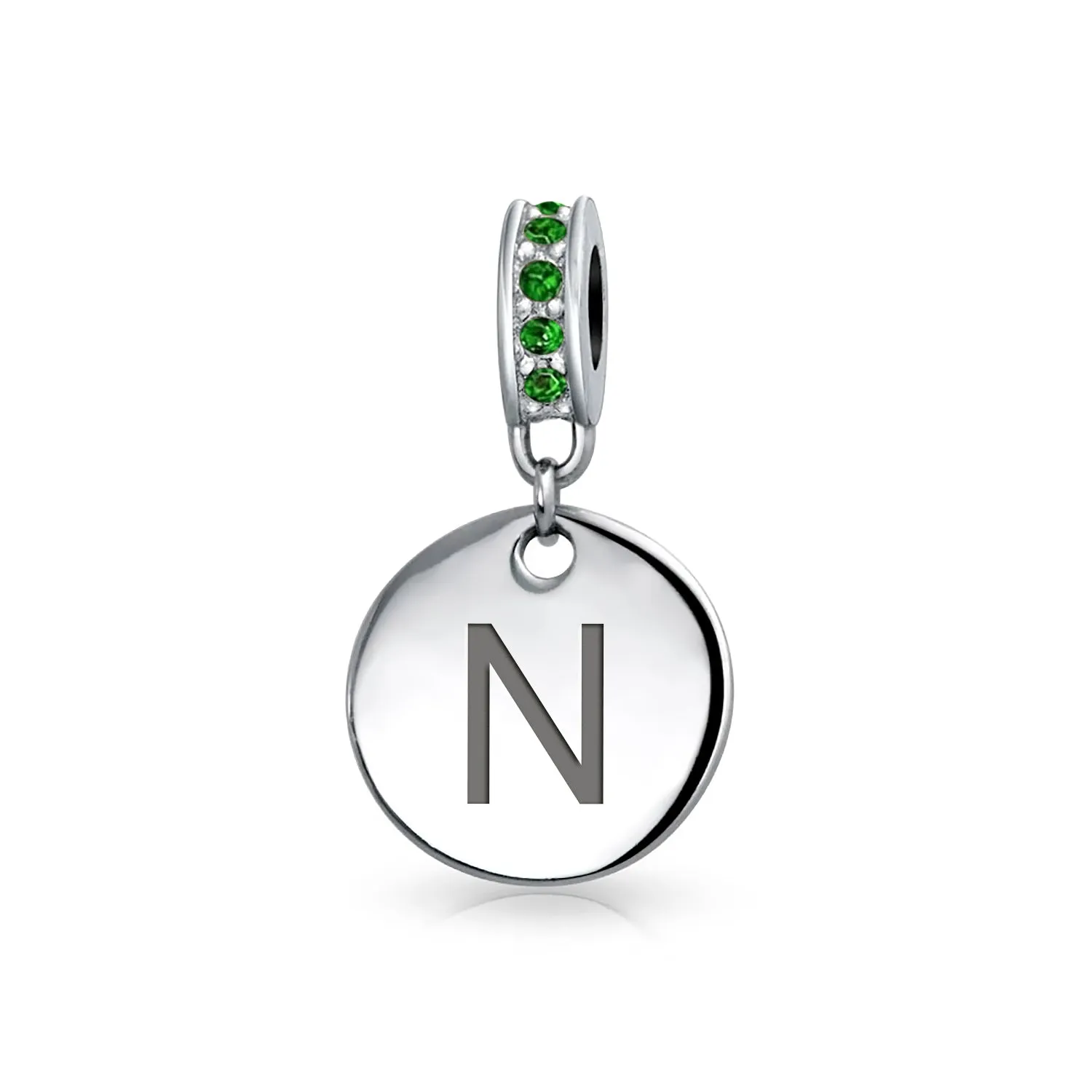 Initial Alphabet Bead Charm Green Crystal Sterling Silver Simulated Emerald Birthstone