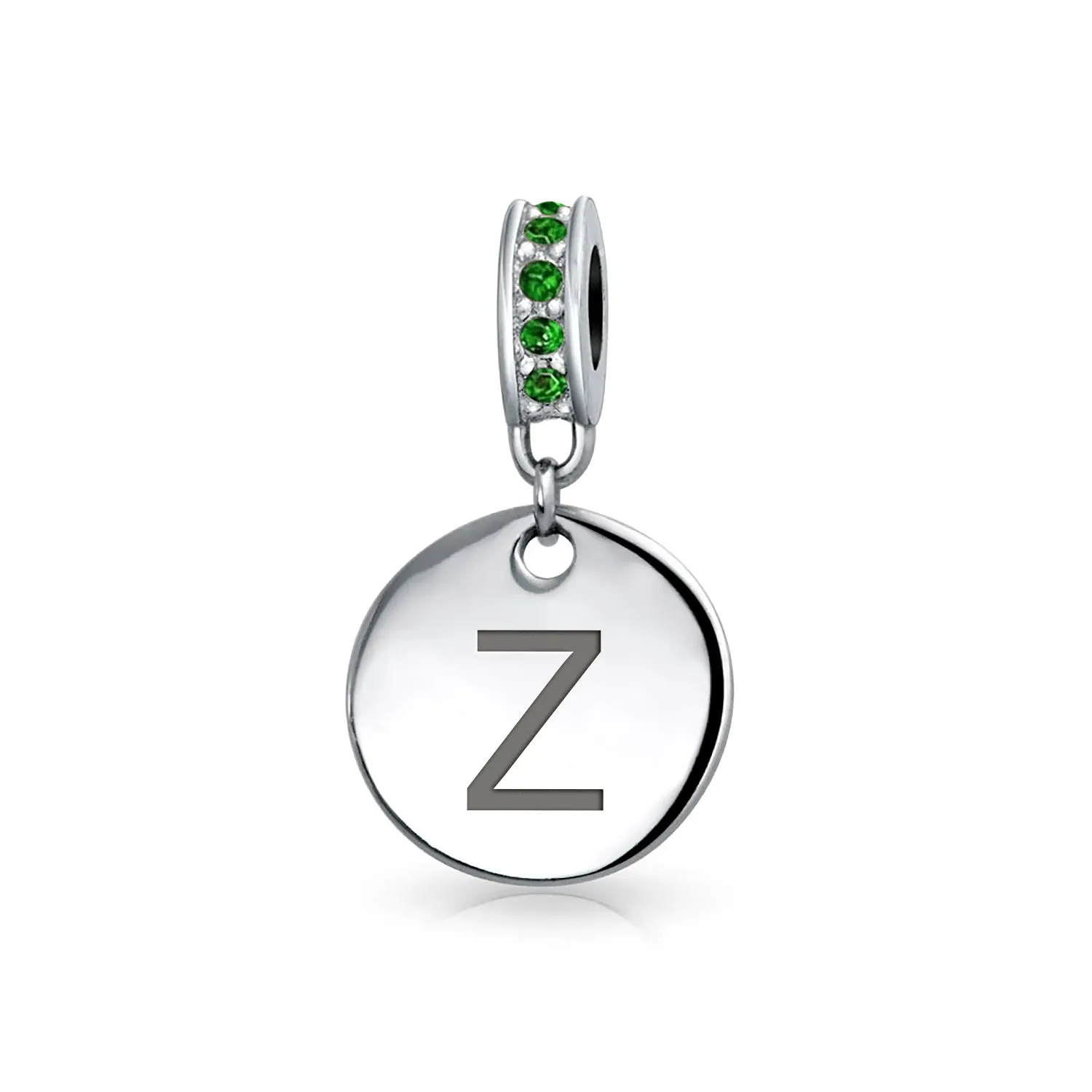 Initial Alphabet Bead Charm Green Crystal Sterling Silver Simulated Emerald Birthstone