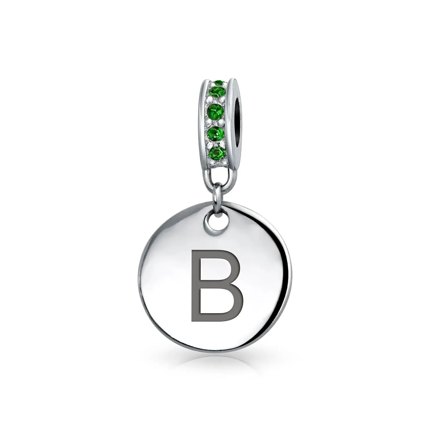 Initial Alphabet Bead Charm Green Crystal Sterling Silver Simulated Emerald Birthstone