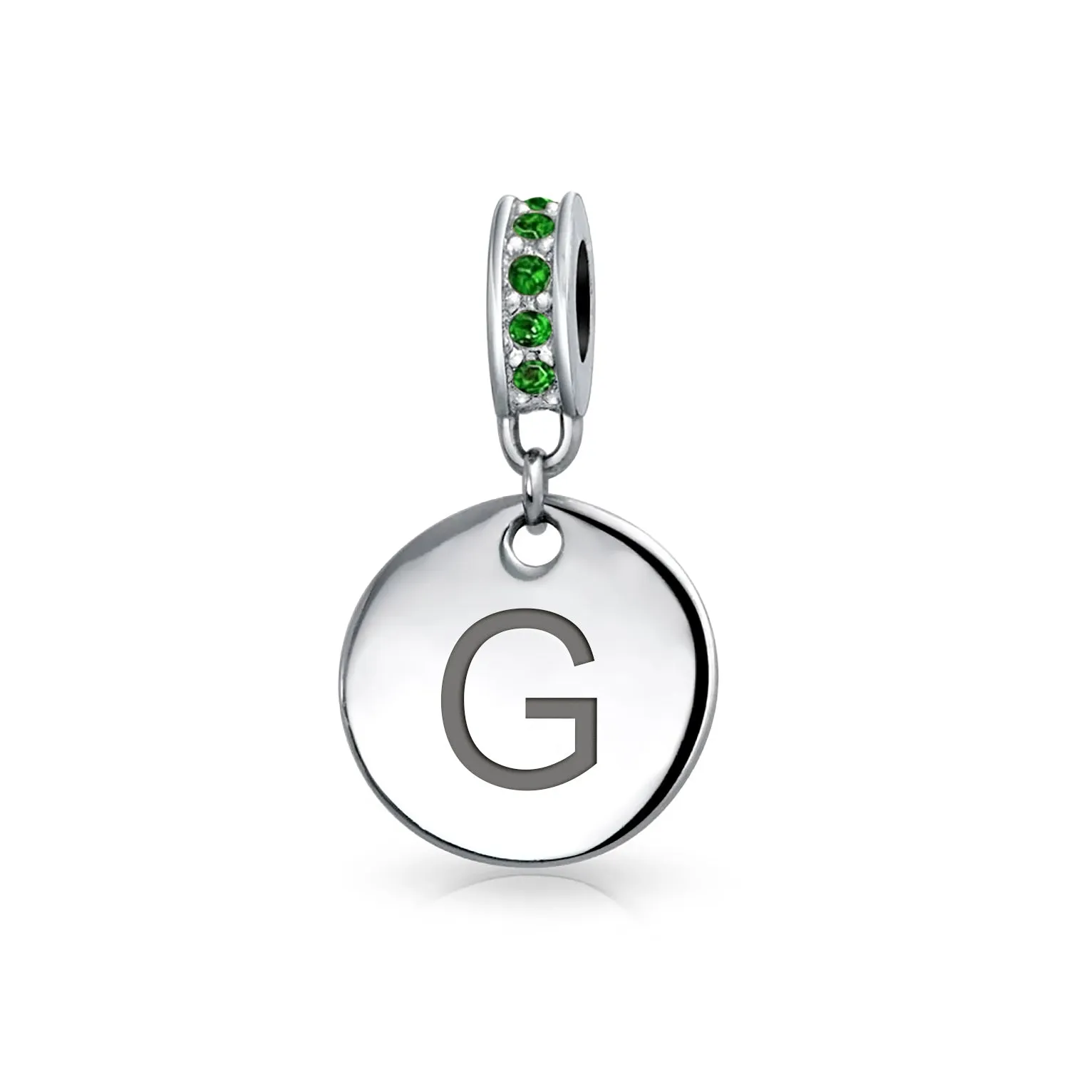 Initial Alphabet Bead Charm Green Crystal Sterling Silver Simulated Emerald Birthstone