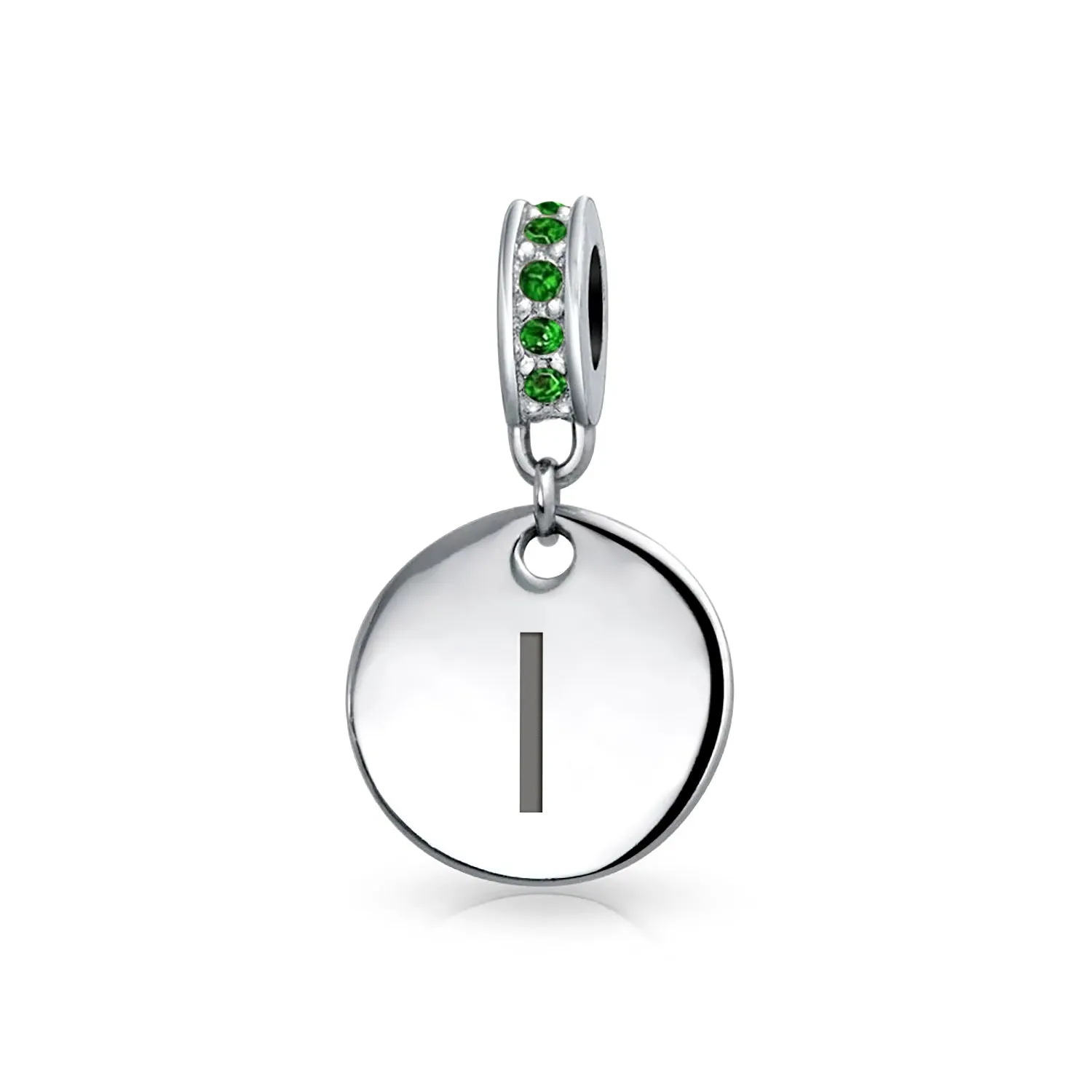 Initial Alphabet Bead Charm Green Crystal Sterling Silver Simulated Emerald Birthstone