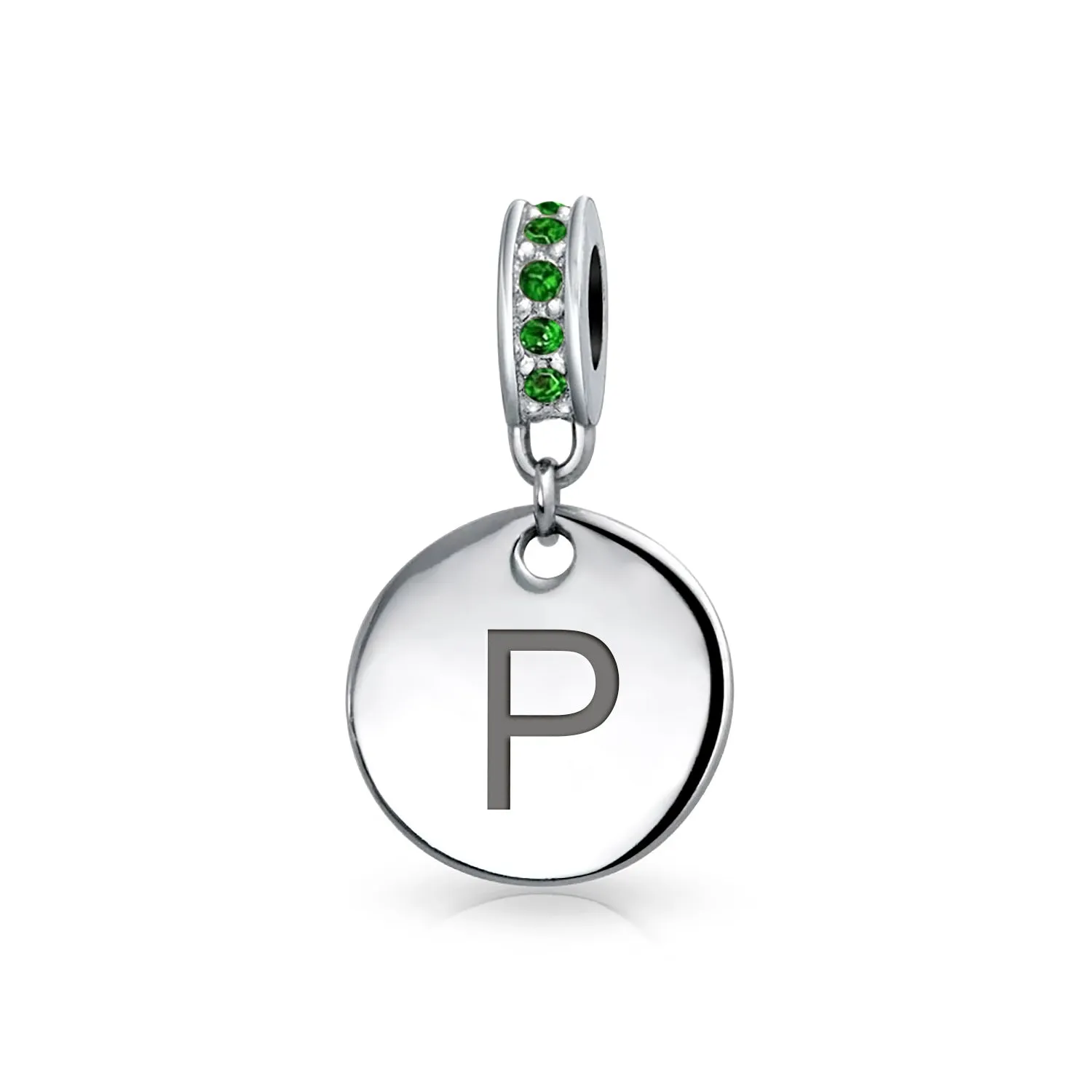 Initial Alphabet Bead Charm Green Crystal Sterling Silver Simulated Emerald Birthstone