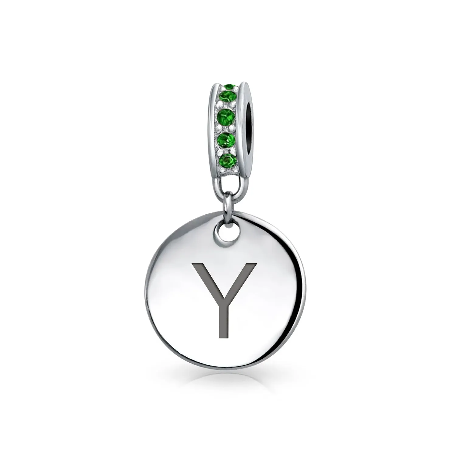 Initial Alphabet Bead Charm Green Crystal Sterling Silver Simulated Emerald Birthstone