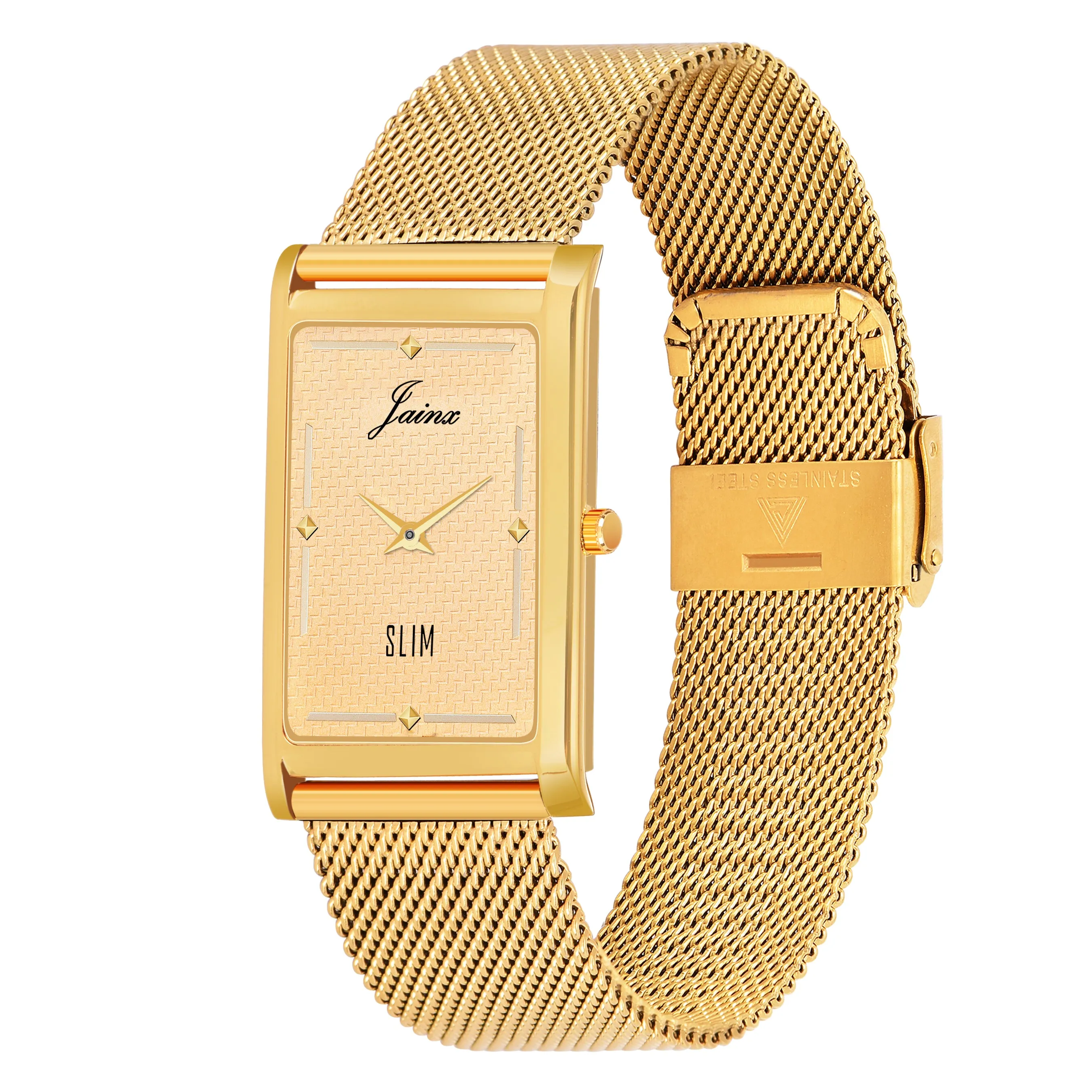 Jainx Premium Slim Squre Dial and Golden Mesh Chain Analogue Watch For Men - JM1181