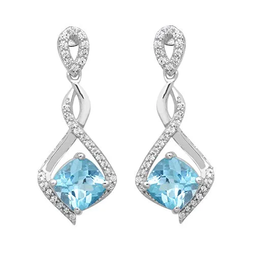 Jewelili Sterling Silver 6x6MM Cushion Shape Swiss Blue Topaz and Created White Round Sapphire Dangle Earrings