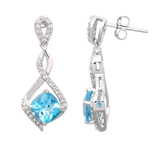 Jewelili Sterling Silver 6x6MM Cushion Shape Swiss Blue Topaz and Created White Round Sapphire Dangle Earrings