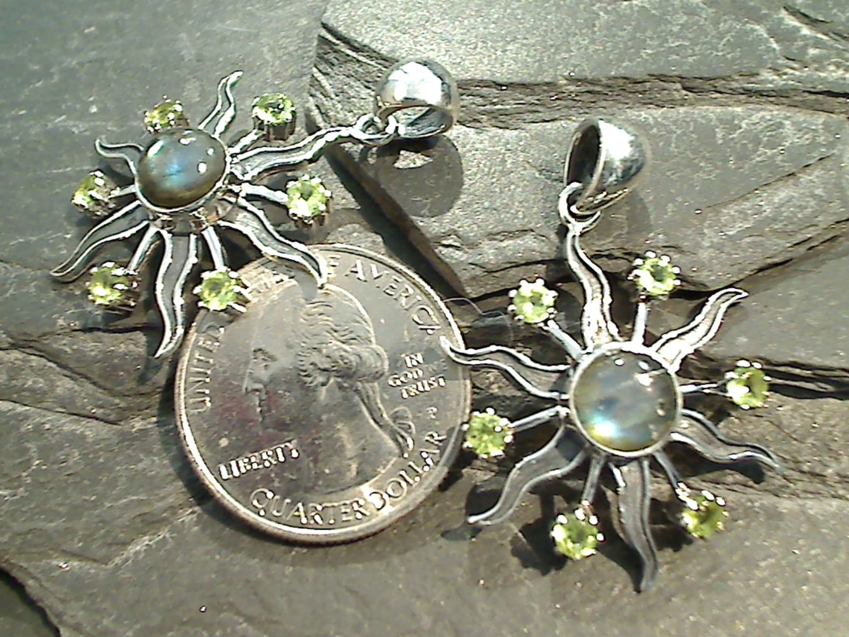 Labradorite, Peridot, Sterling Silver Sun Pendant