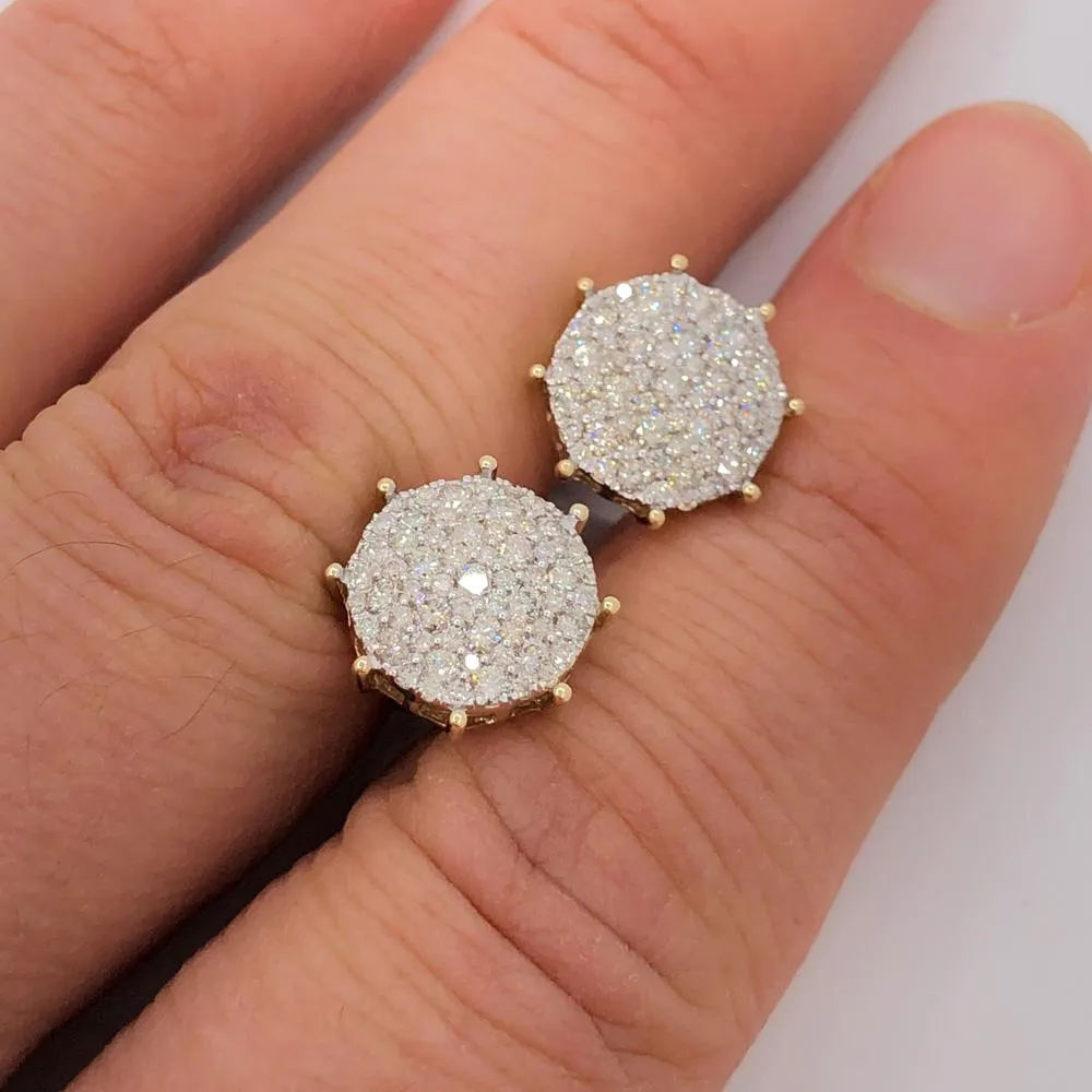 Large Pave Stud Diamond Earrings 1.25cttw 10K Yellow Gold