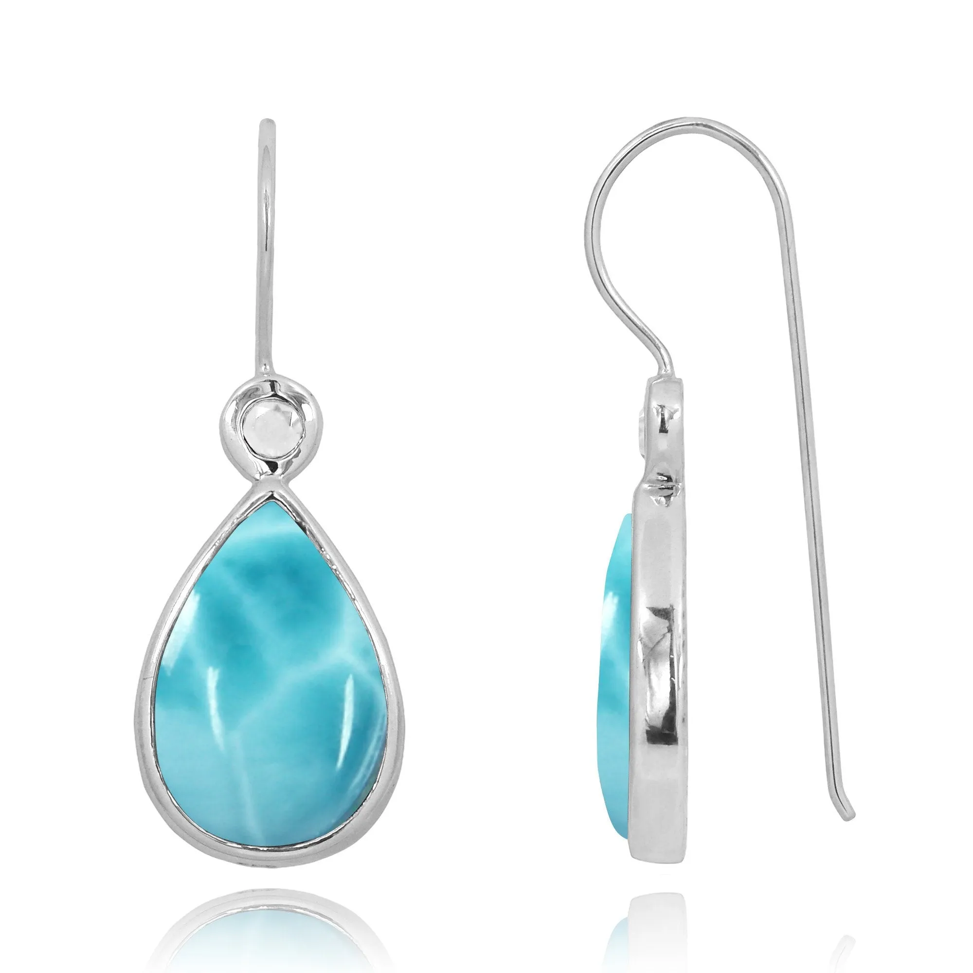 Larimar  French Wire Earrings with 1 0 Shape White Topaz Stone