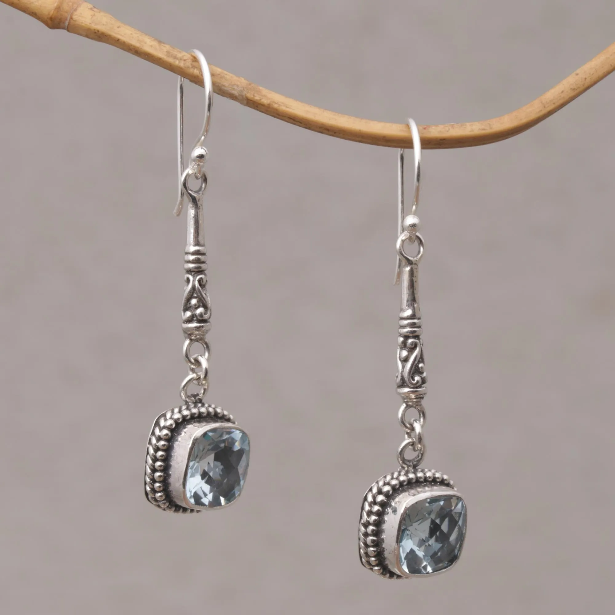 Majestic Gleam Faceted Blue Topaz and 925 Silver Dangle Earrings from Bali