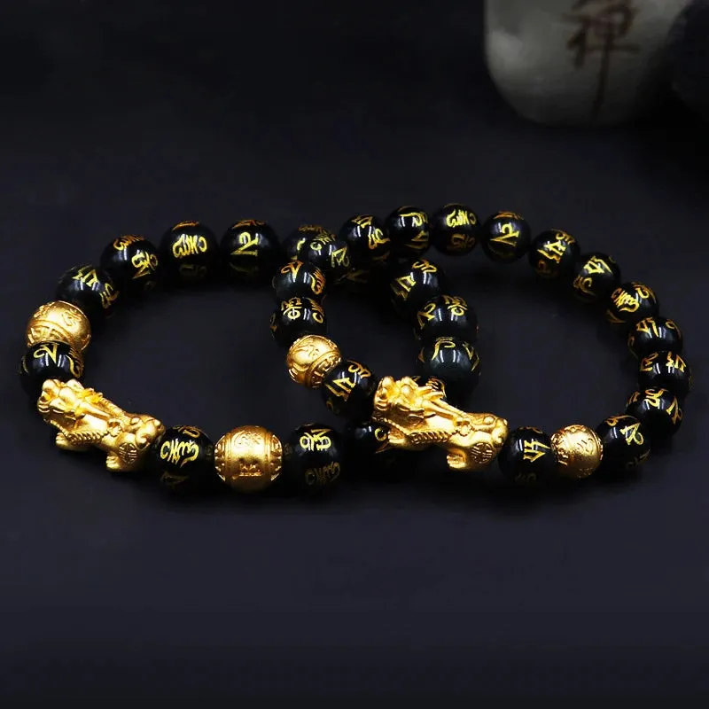 Men's Obsidian Feng Shui Bracelet with Buddha & Pixiu Beads