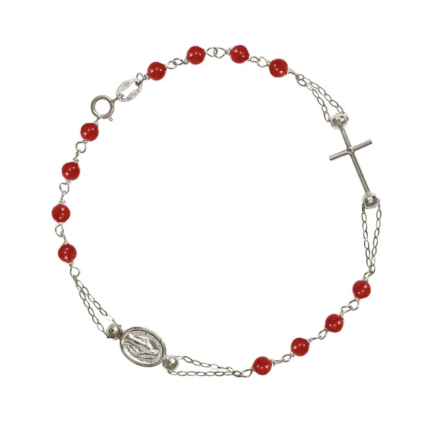 MIRACULOUS AND CROSS - CORAL ROSARY BRACELET - WHITE GOLD