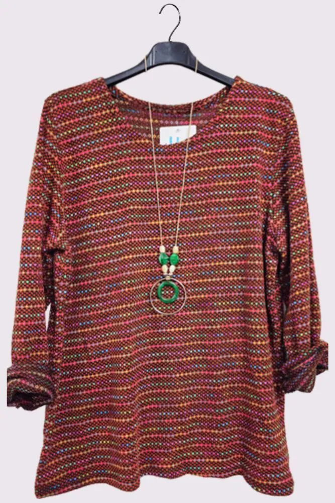 Multi Stripe Pattern Knitted Long Sleeve Necklace Jumper