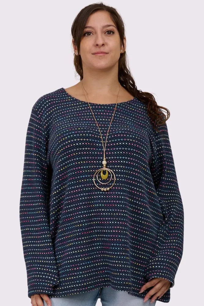 Multi Stripe Pattern Knitted Long Sleeve Necklace Jumper