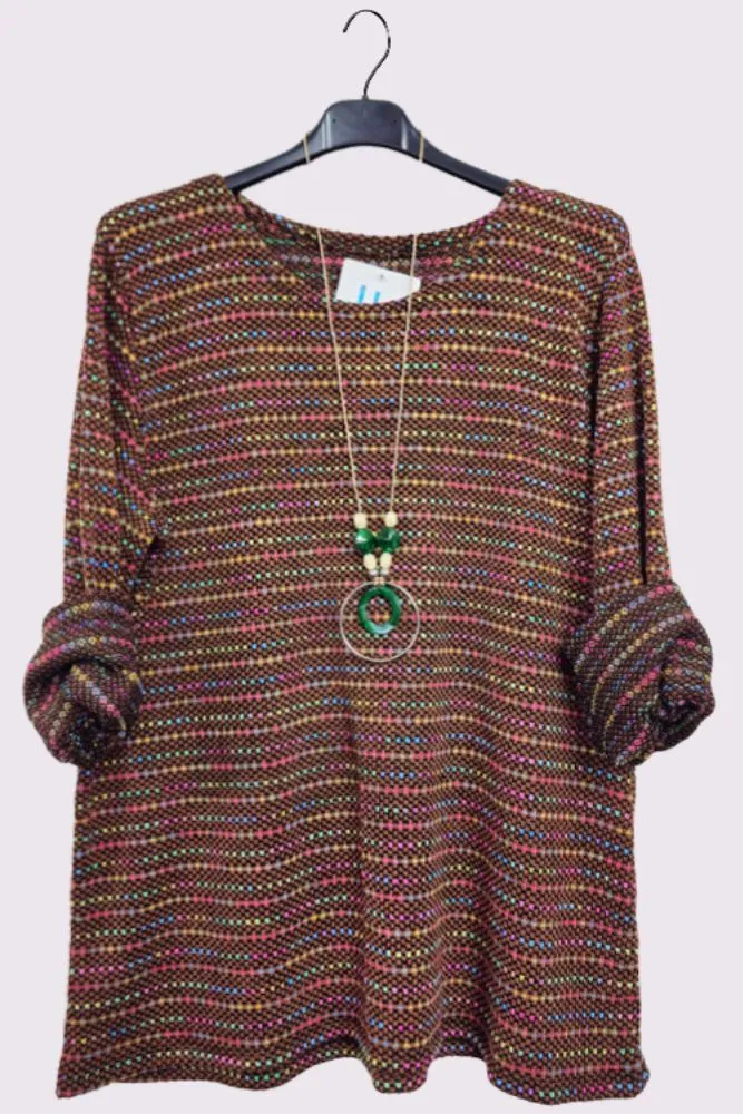 Multi Stripe Pattern Knitted Long Sleeve Necklace Jumper