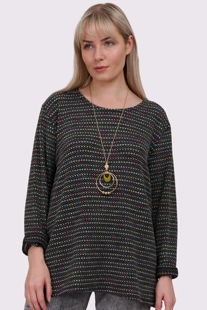 Multi Stripe Pattern Knitted Long Sleeve Necklace Jumper